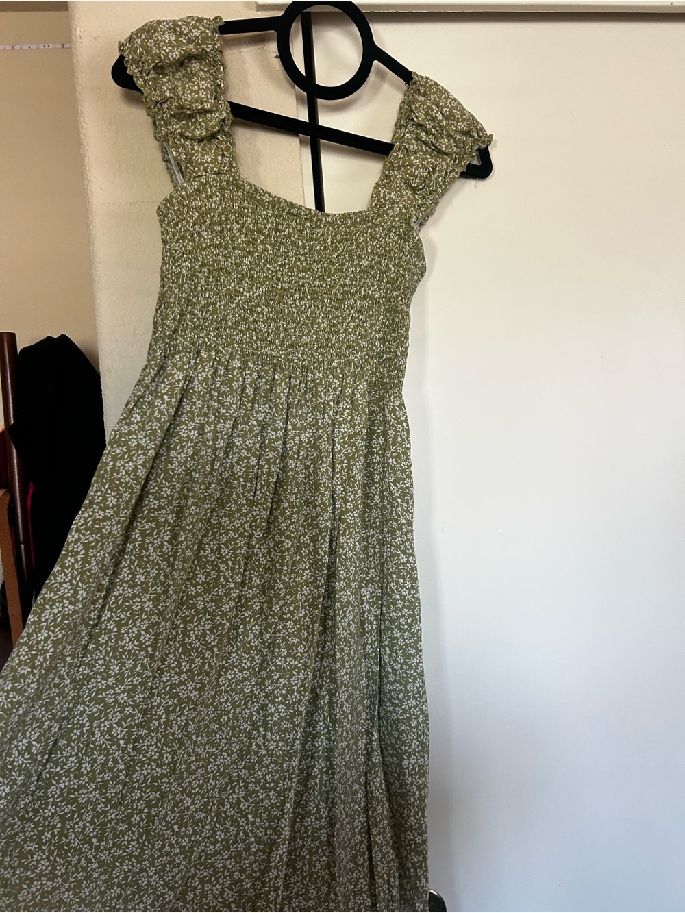 Olive Floral Smocked Maxi Dress with Ruffled Straps